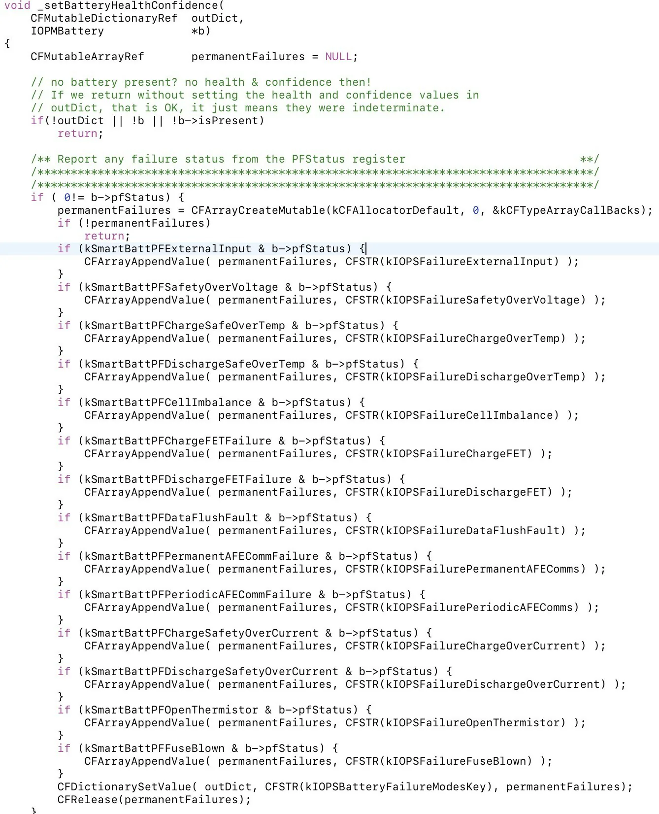 Screenshot of Apple’s BatteryTimeRemaining.c source code listing smart-battery properties such as cell temperature, cell imbalance and blown fuse