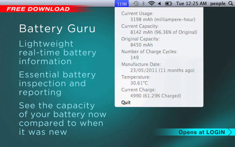 Battery Guru menu bar information panel