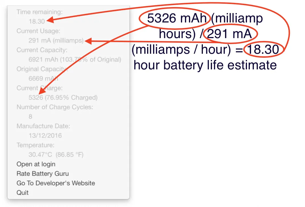 Battery Guru showing the time-remaining calculation: remaining capacity in mAh divided by average current draw in mA